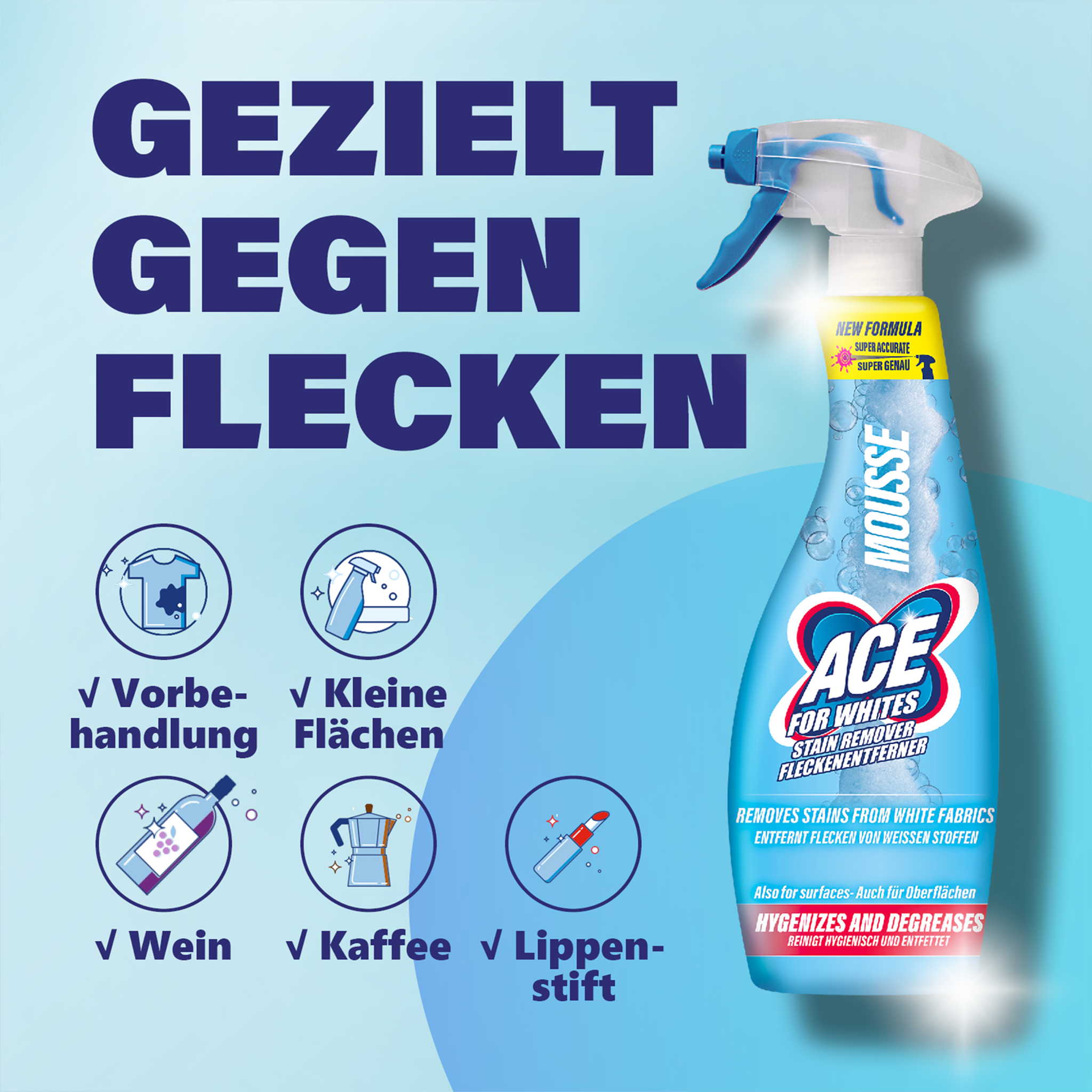 ACE For Whites Fleckenentferner Mousse auf blauem Grund mit Schrift und Icons mit Beschreibung