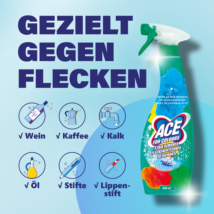 ACE Fleckenentferner Spray auf blauem Grund mit Schrift und Icons mit Beschreibung