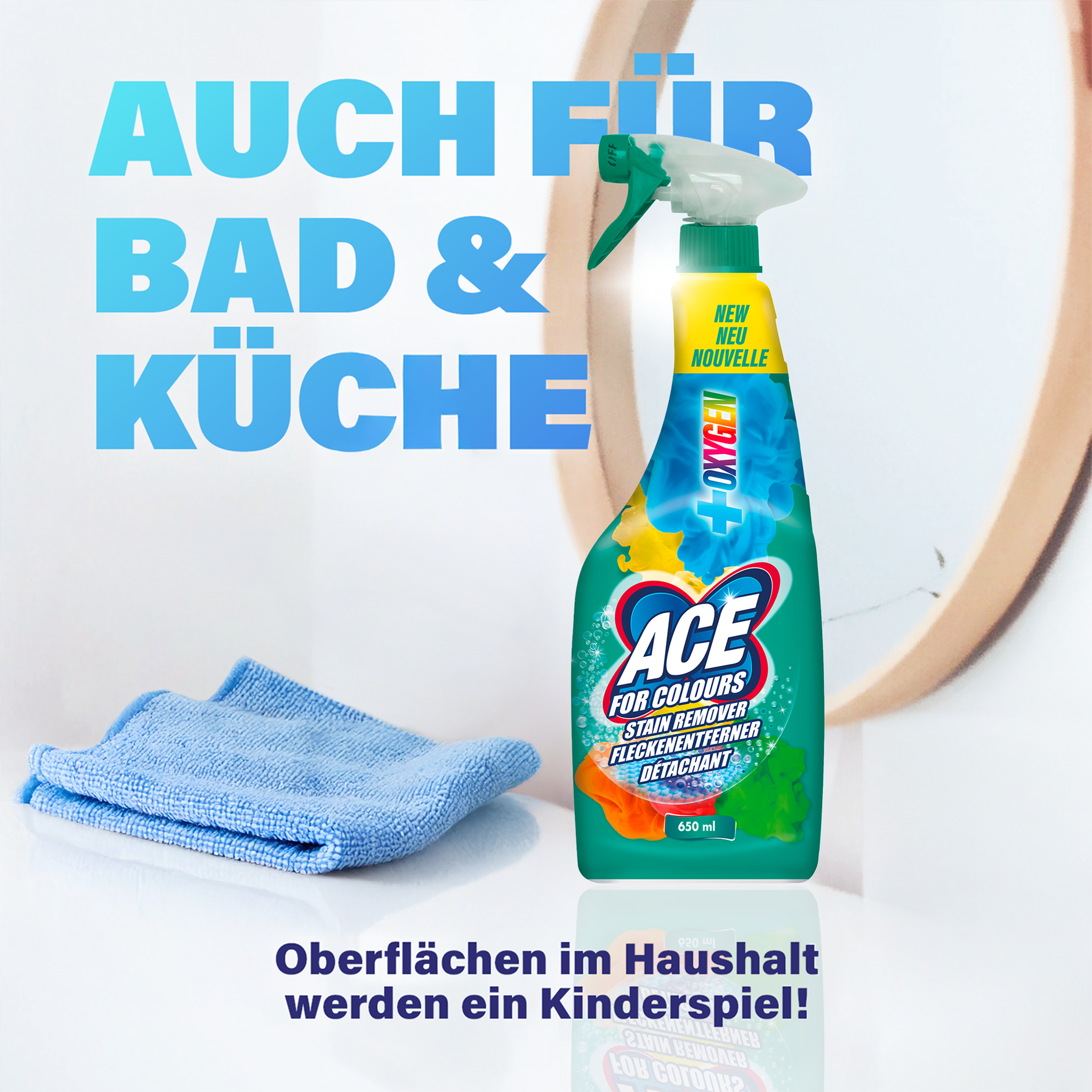 ACE Fleckenentferner Spray auf weißem Schrank vor Spiegel und Schrift