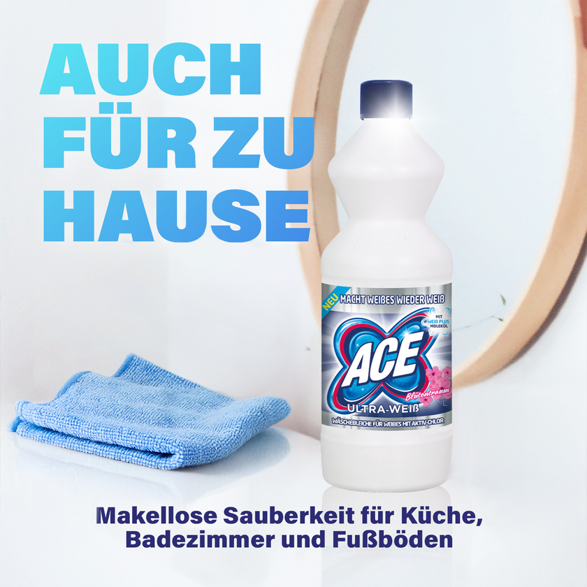 ACE Ultra Weiß auf weißem Tisch vor Spiegel und Schrift