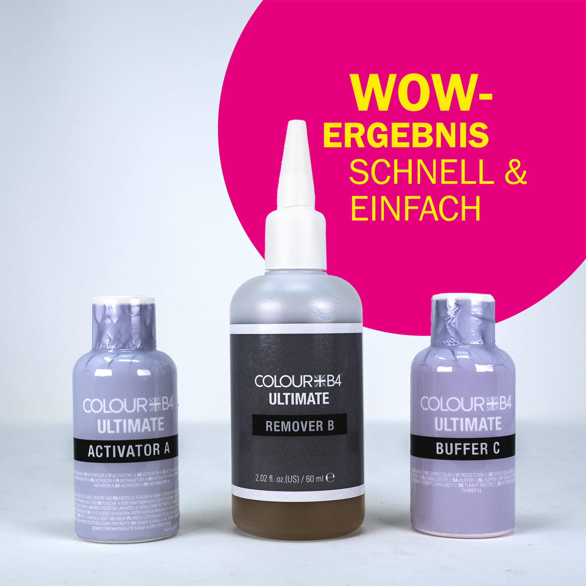 Inhalt von Colour B4 Ultimate Haarfarben-Entferner auf grauem Grund und Schrift auf Kreis