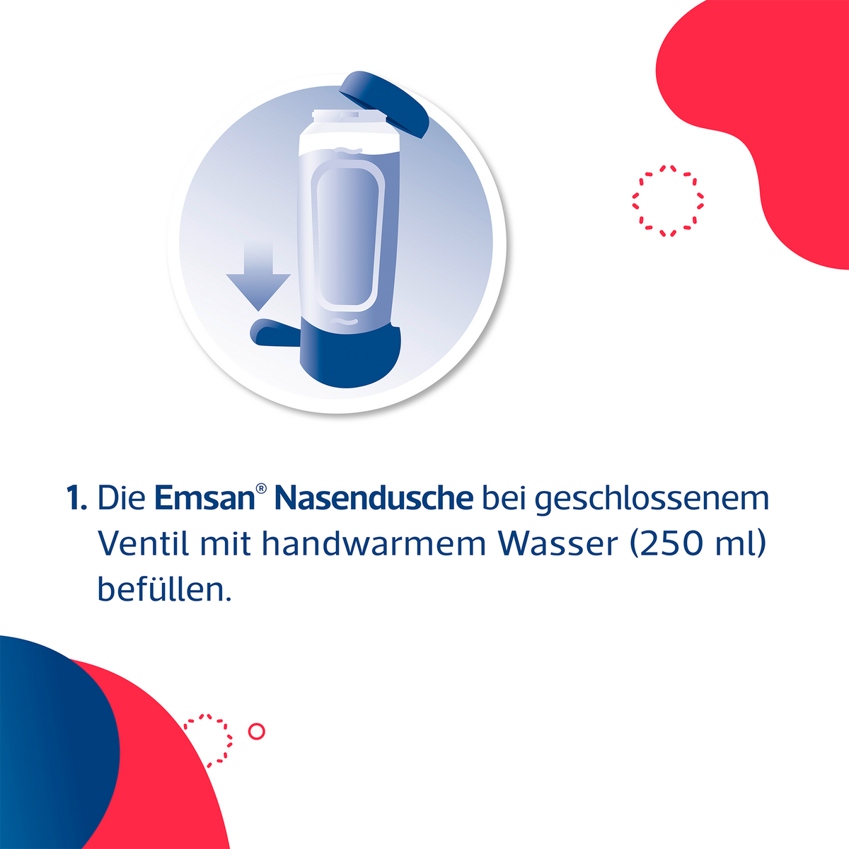 Illustration der EMSAN Nasendusche, Schrift und bunte Formen auf weißem Hintergrund