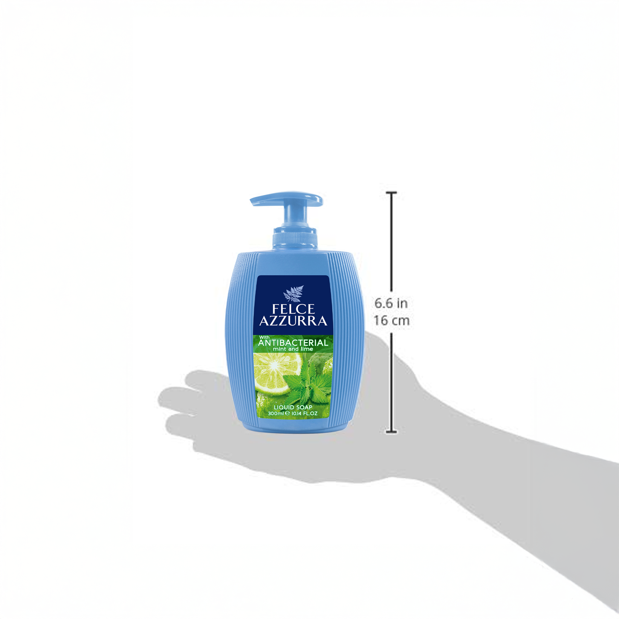Illustration einer Hand und Felce Azzurra Flüssigseife Antibacterial Mint&Lime