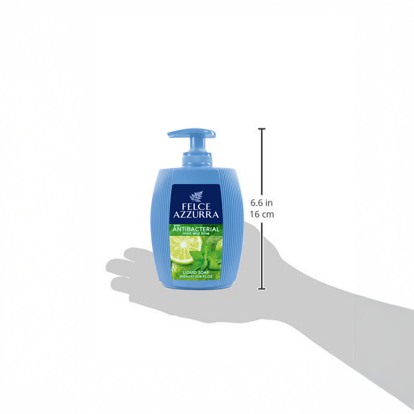Illustration einer Hand und Felce Azzurra Flüssigseife Antibacterial Mint&Lime