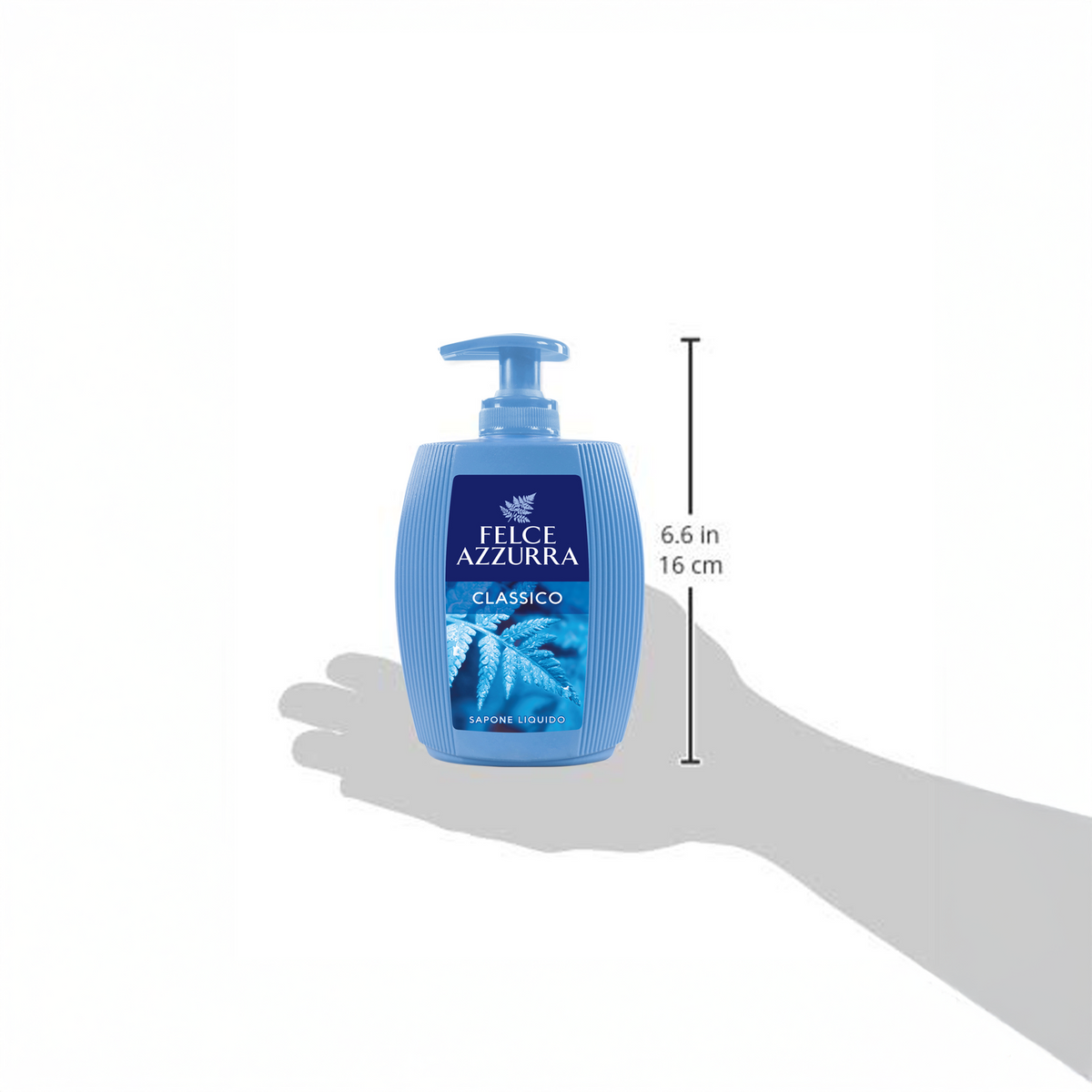 Illustration einer Hand mit Felce Azzurra Flüssigseife Classic Flasche