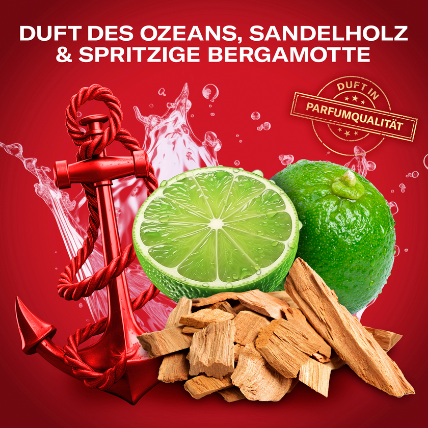 Limette, Sandelholz und roter Anker auf rotem Hintergrund und Schrift