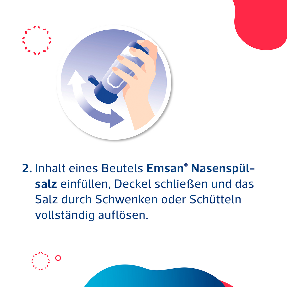 Illustration der EMSAN Nasendusche und Hand, Schrift und bunte Formen auf weißem Hintergrund