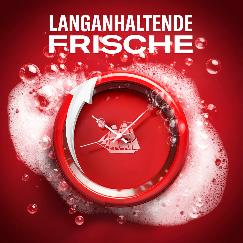 Uhr und Schaum auf rotem Grund mit Schrift