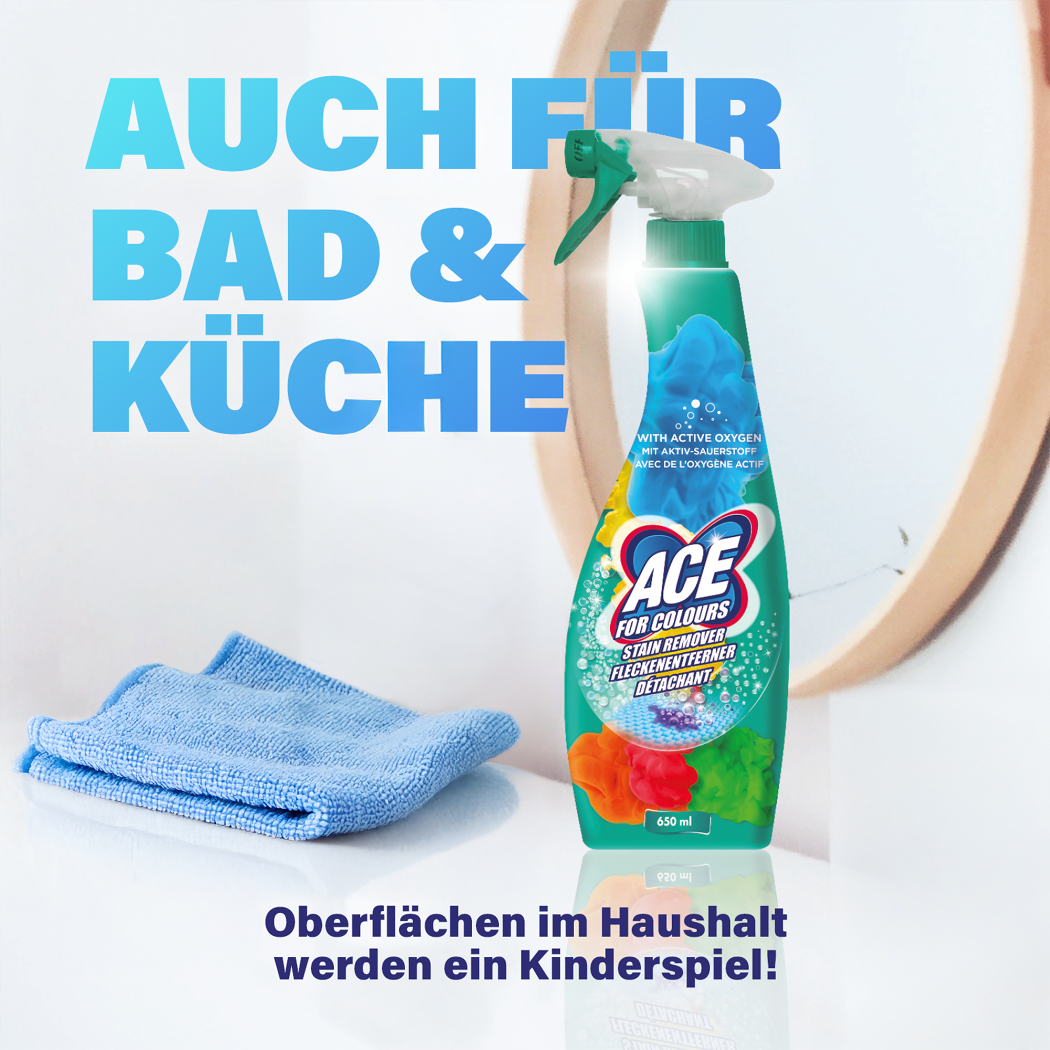 ACE Fleckenentferner Spray auf weißem Schrank vor Spiegel und Schrift