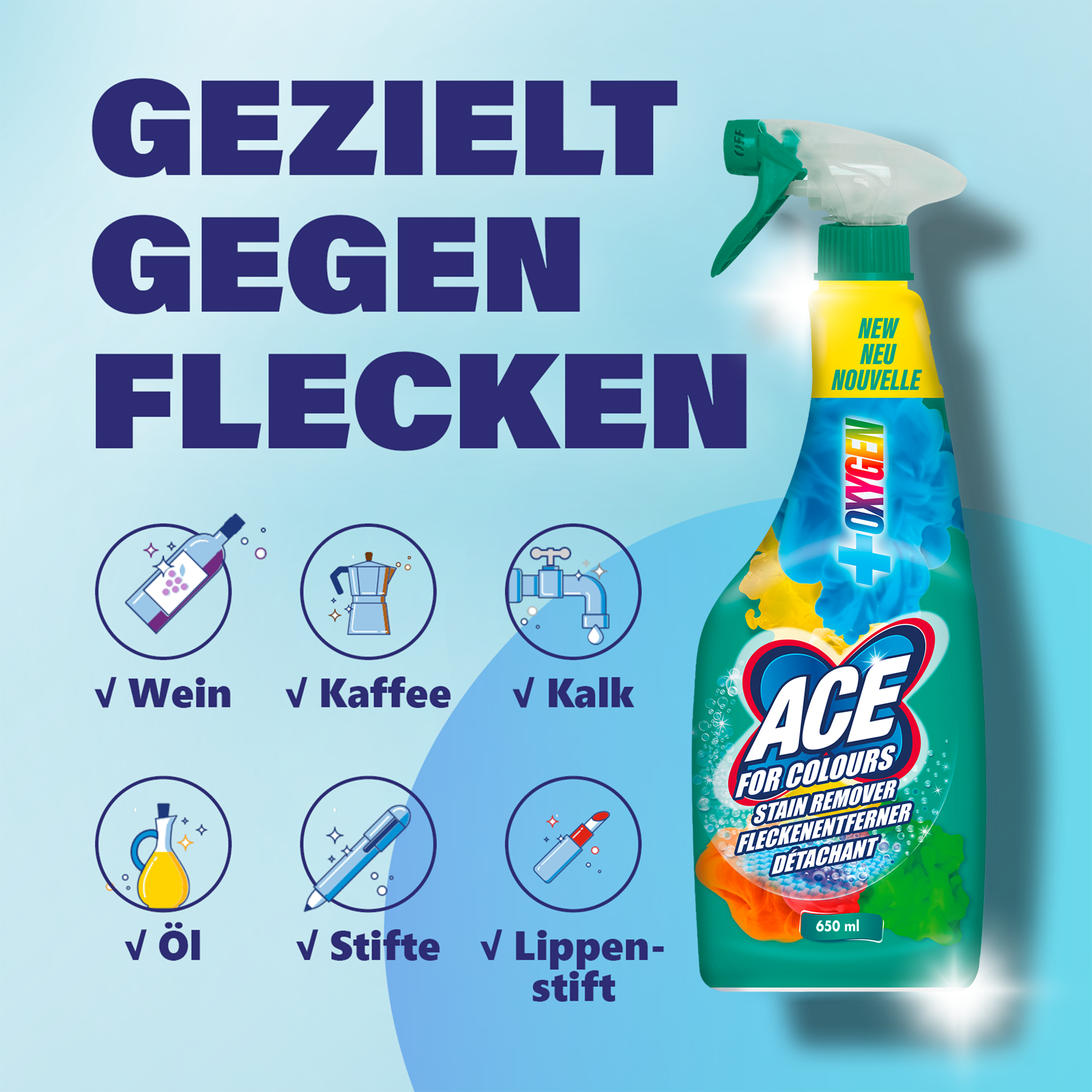 ACE Fleckenentferner Spray auf blauem Grund, Schrift und Icons im Vordergrund