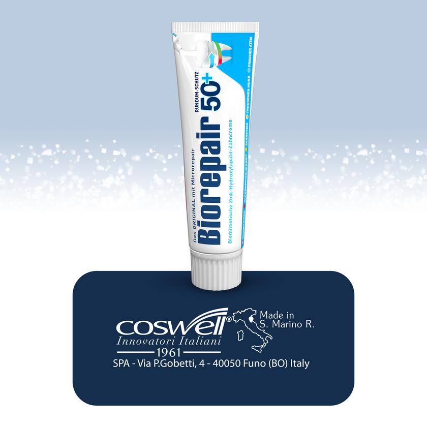 Biorepair Zahncreme Complete Protection 50 + auf Balken mit Logo und Schrift