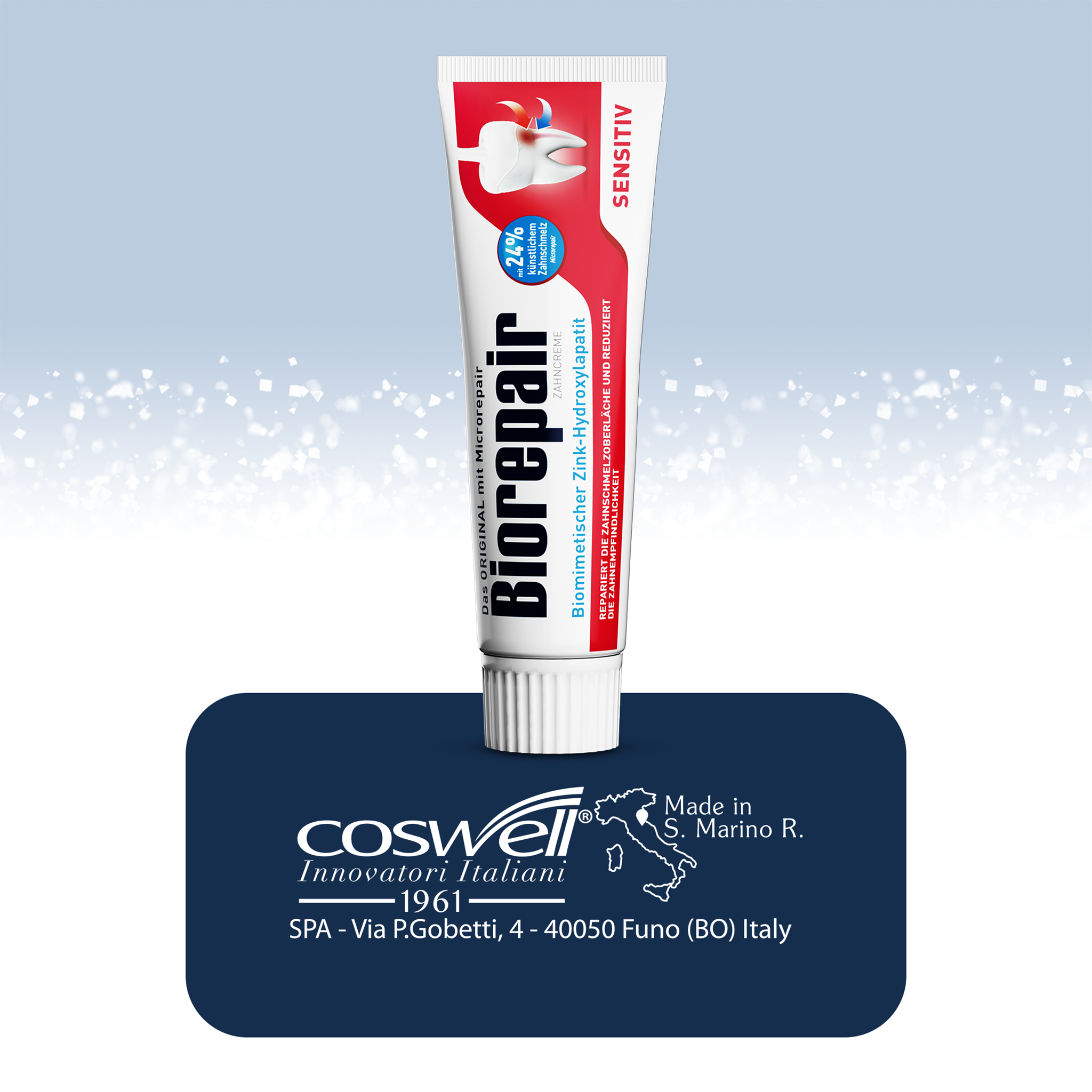 Biorepair Zahncreme Sensitive Teeth auf Balken mit Logo und Schrift