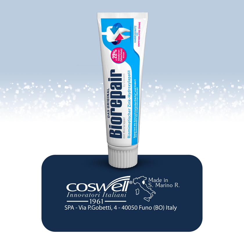 Biorepair Karies-Prophylaxe und Zahnschmelzschutz auf Balken mit Logo und Schrift