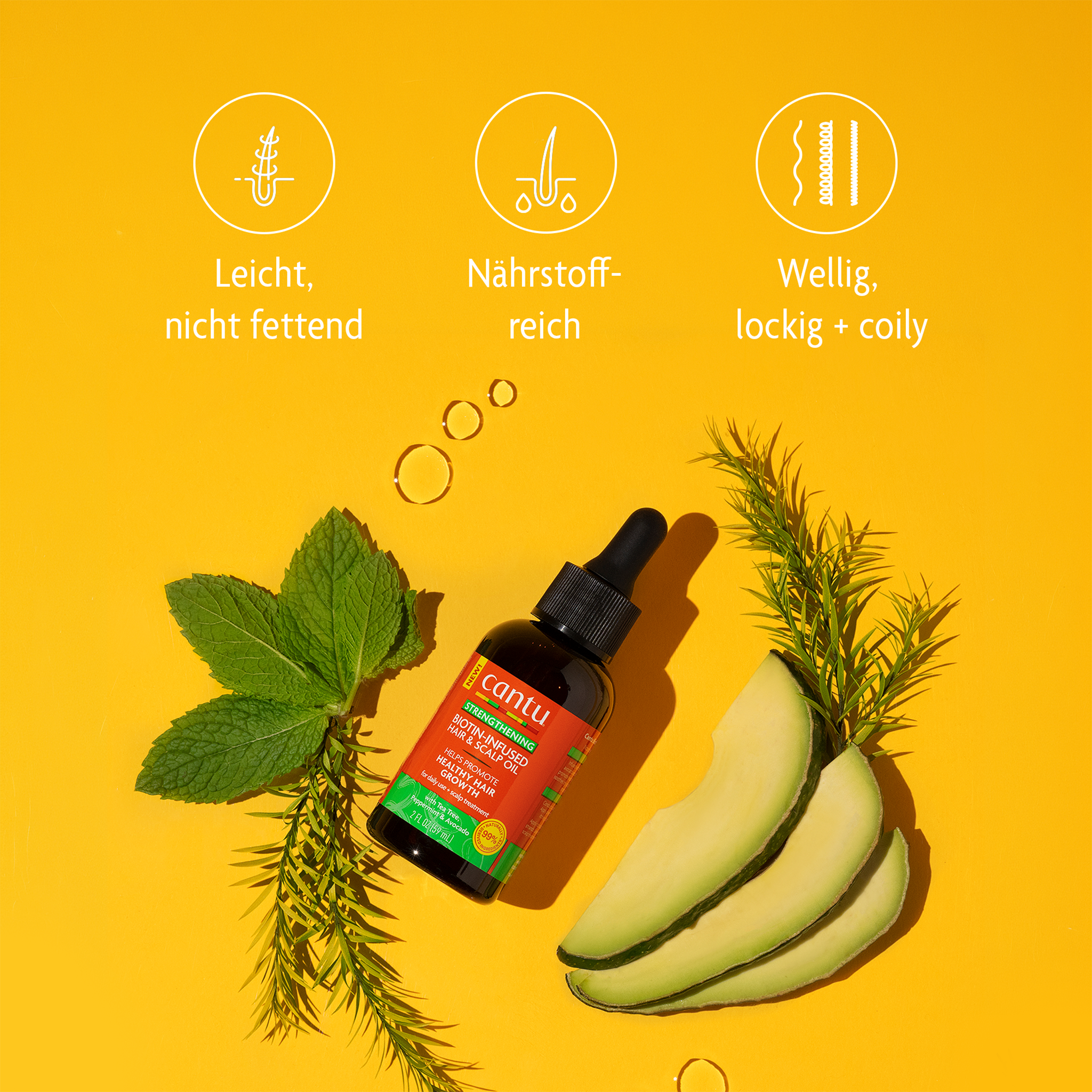 Cantu Scalp & Hair Oil, Rosmarin, Avocado und Pfefferminzblätter, Weiße Schrift und Icons auf gelbem Grund