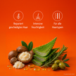 Inhaltsstoffe von Cantu Sulfate Free Hydrating Cream Conditioner, Icons und Schrift auf orangefarbenem Grund