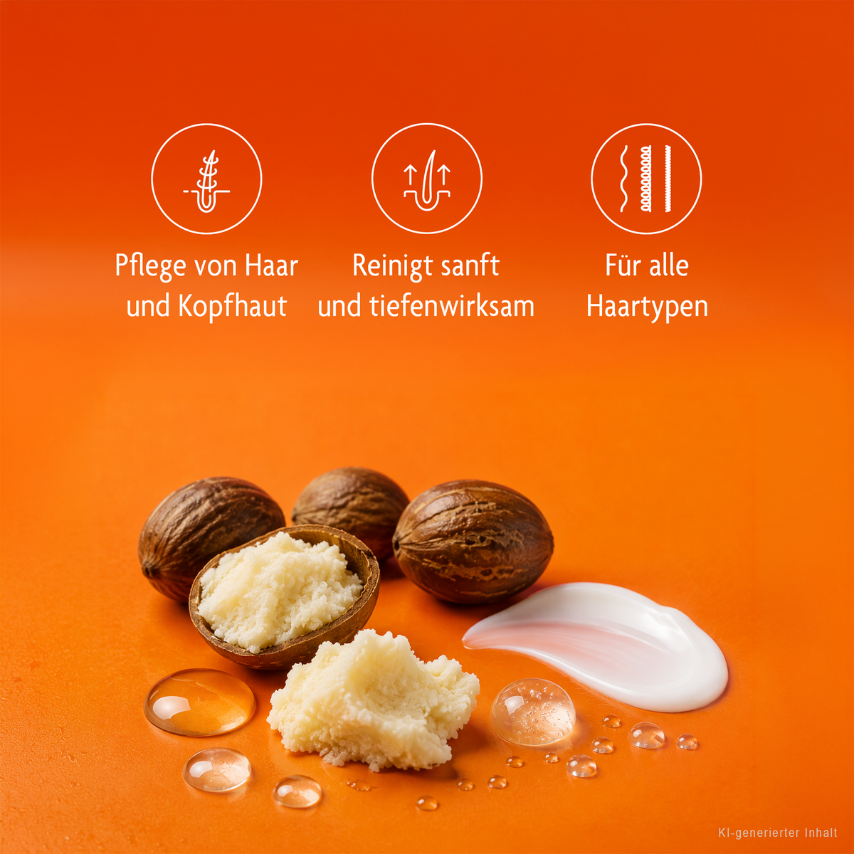 Inhaltsstoffe und weiße Schrift und Icons auf orangefarbenem Grund
