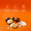 Inhaltsstoffe und weiße Schrift und Icons auf orangefarbenem Grund