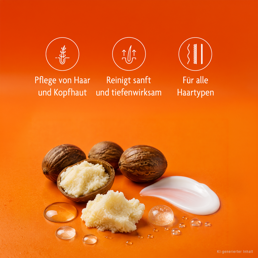 Inhaltsstoffe und weiße Schrift und Icons auf orangefarbenem Grund
