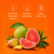 Inhaltsstoffe von Cantu Guave Kopfhautpflege Shampoo - 400ml und Schrift und Icons auf orangefarbenem Grund
