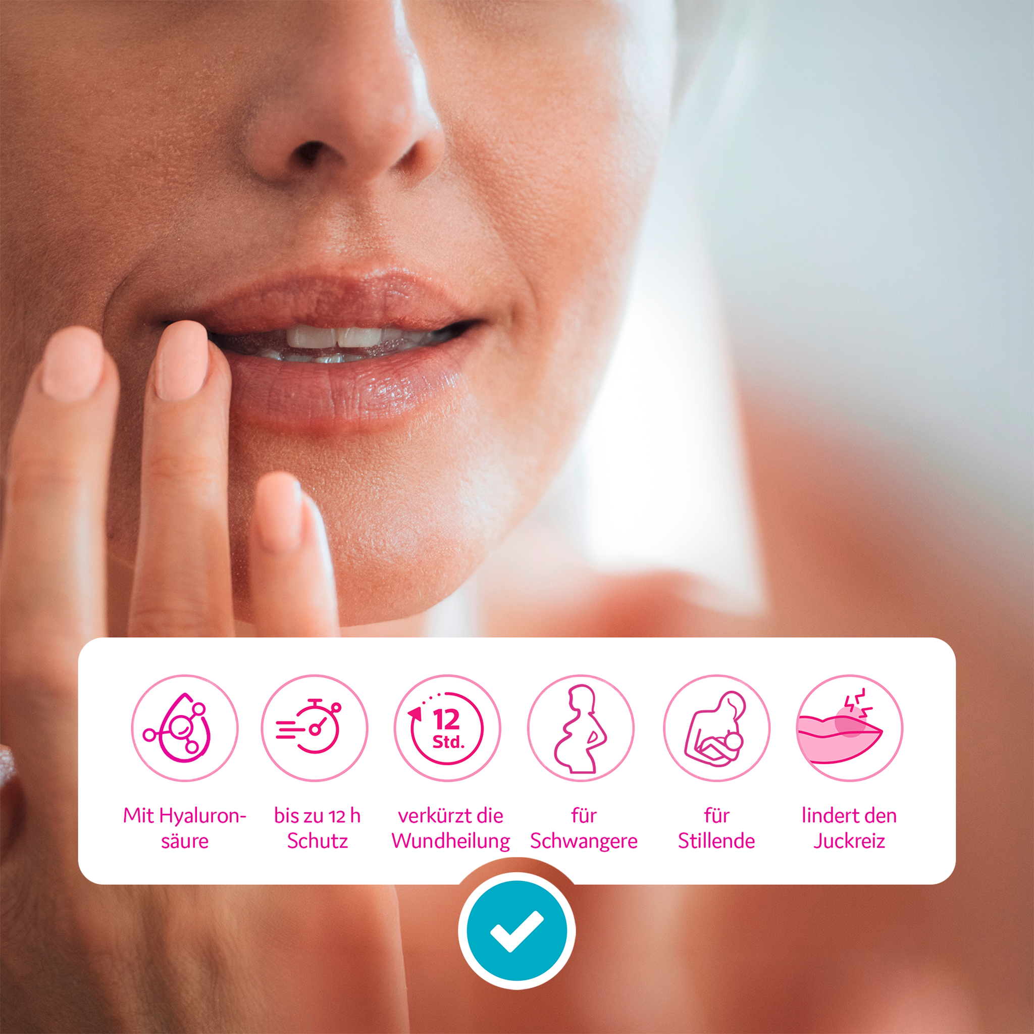 Frau fasst sich an die Lippe und Balken mit Icons und Schrift