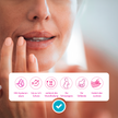 Frau fasst sich an die Lippe und Balken mit Icons und Schrift