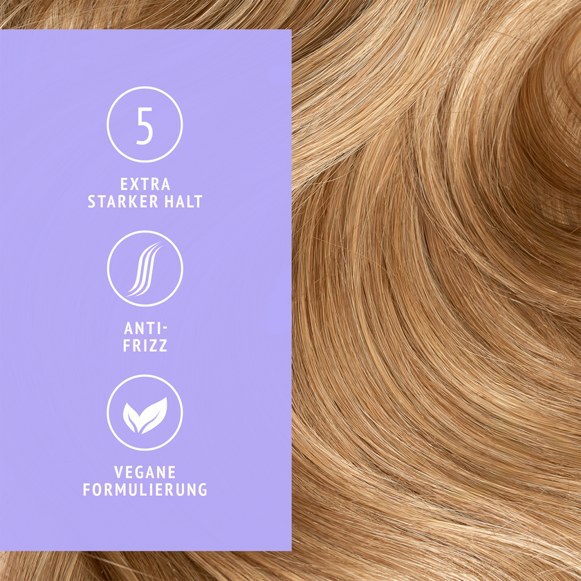 Haare im Hintergrund, lilafarbene Fläche, Icons und Schrift im Vordergrund