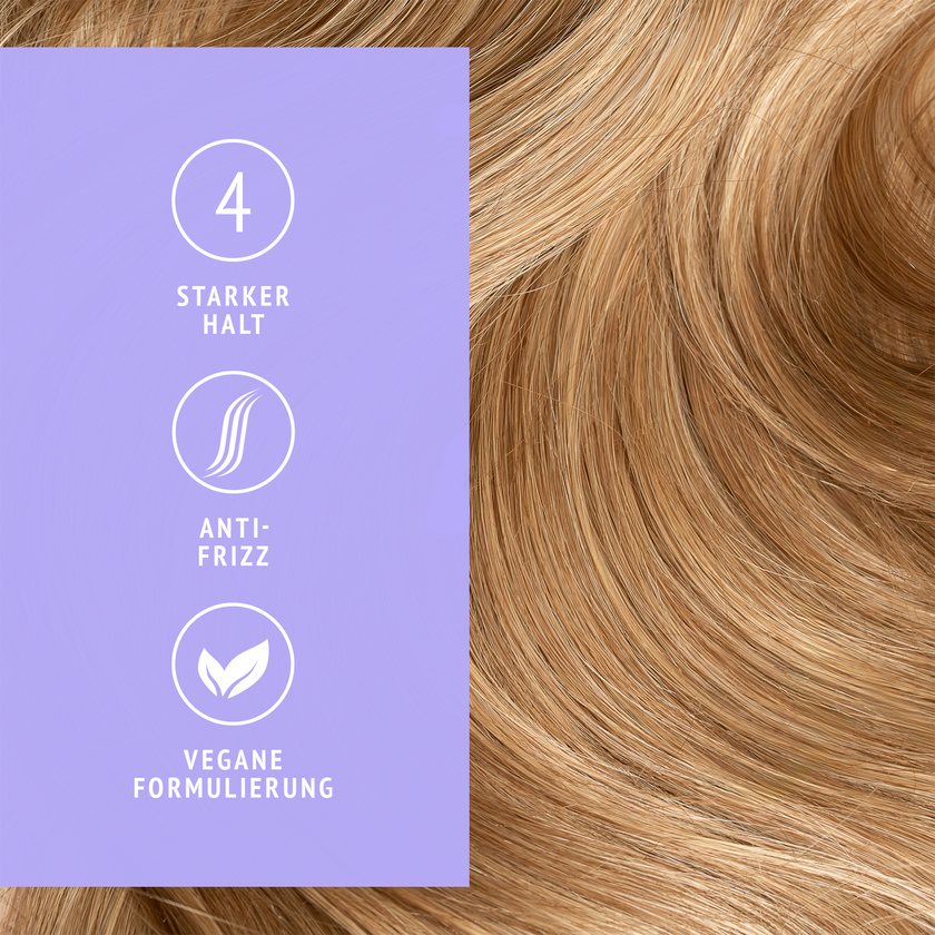 Haare im Hintergrund, lilafarbene Fläche, Icons und Schrift im Vordergrund