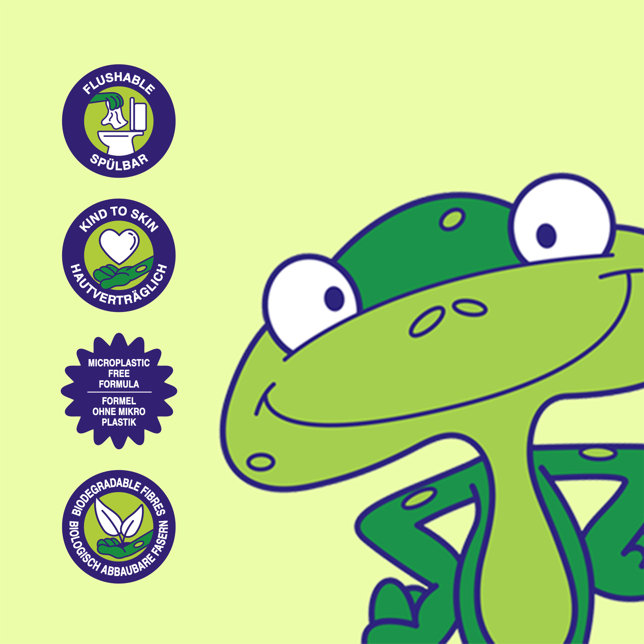 Frosch auf gelbgrünem Grund und vier Siegel für das Produkt Kandoo Melon Feuchttücher Melone