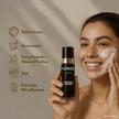 PLASMABION Molecular Cleanser - 150ml in Hand von Frau und Schaum im Gesicht neben Icons und Schrift auf beigem Hintergrund