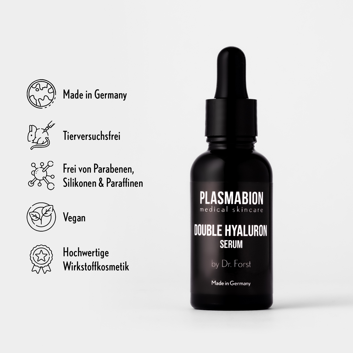 PLASMABION Double Hyaluron Serum - 30ml auf grauem Hintergrund neben Schrift und Icons