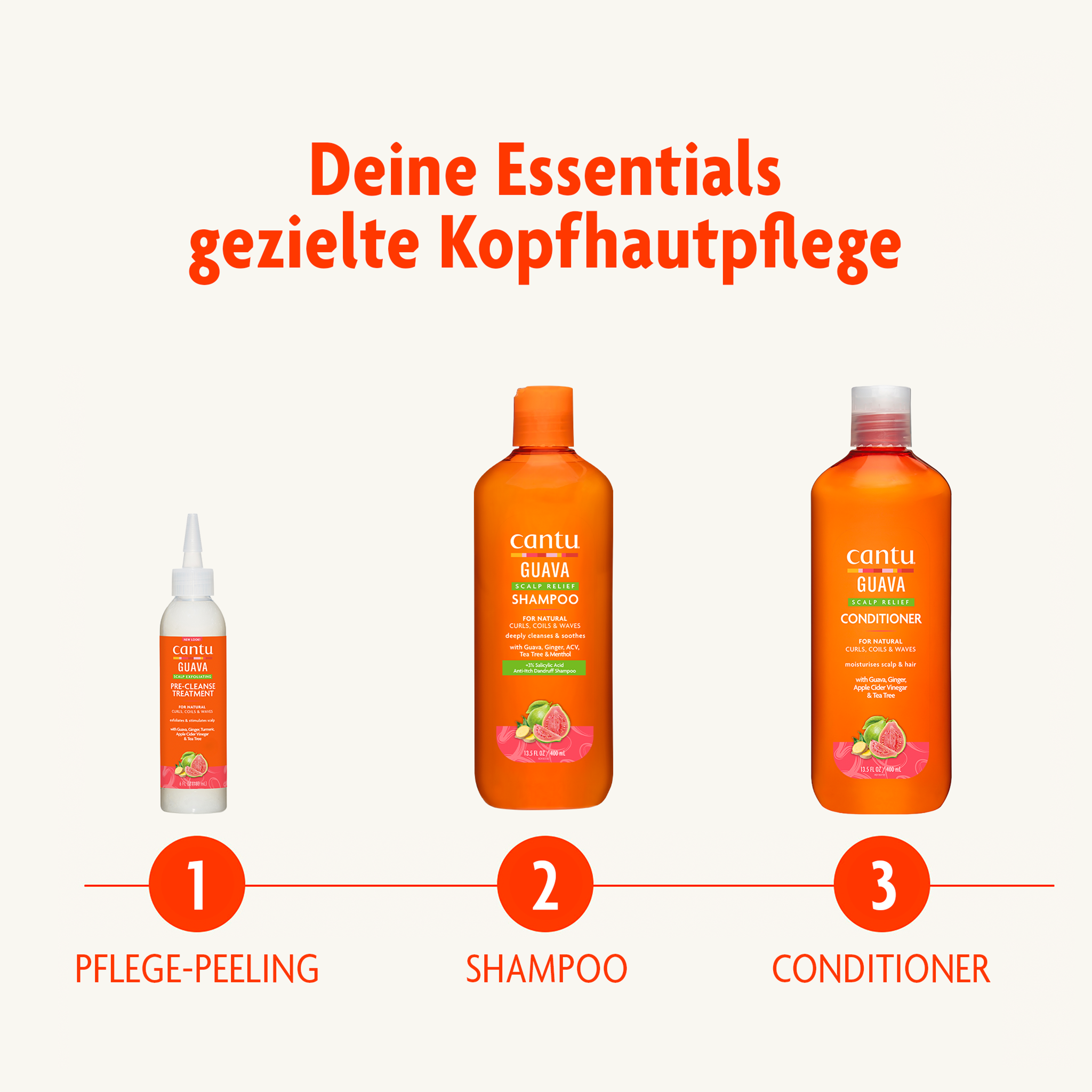 Range von drei Cantuprodukten und Pflegehinweisen auf beigem Grund