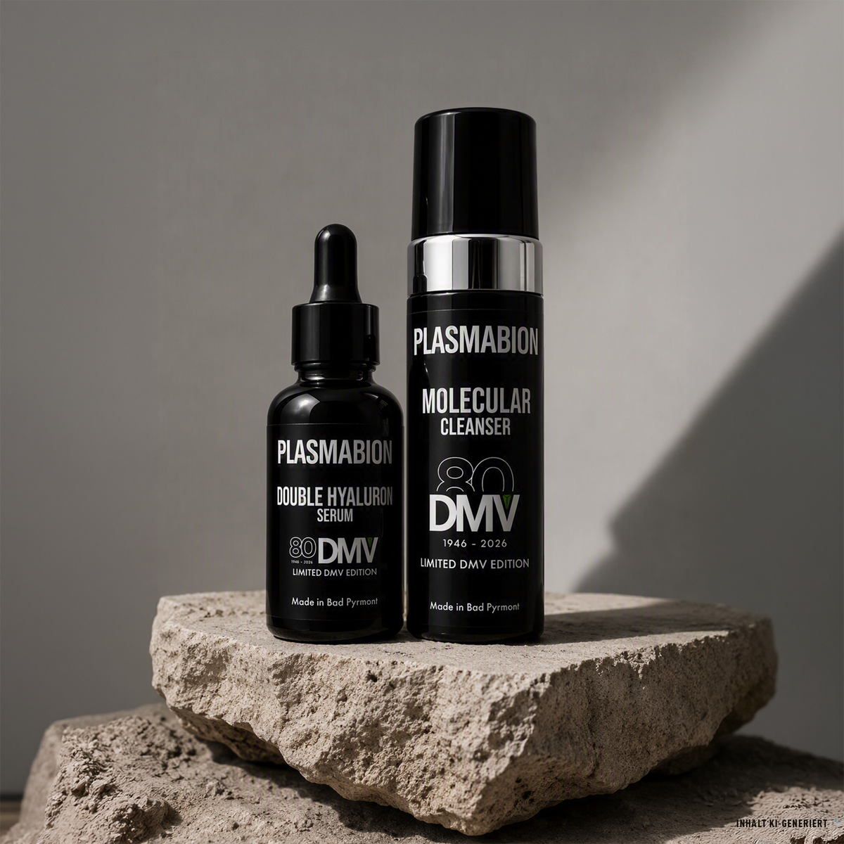 PLASMABION Molecular Cleanser - 150ml und PLASMABION Double Hyaluron Serum auf Naturstein vor dunkelbeigem Hintergrund
