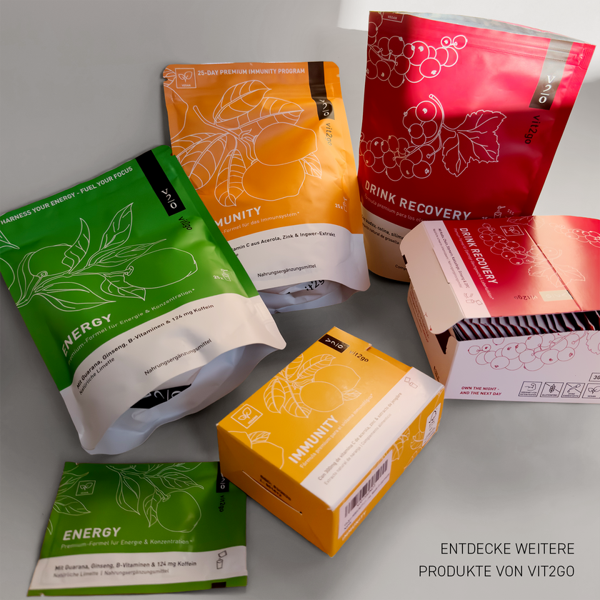 Vit2Go Standbeutel und Sachetschachteln von Immunity, Energy und Drink Recovery