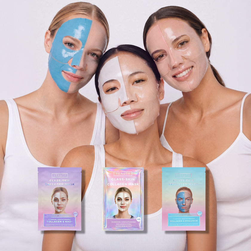 Drei Frauen mit YEAUTY Hydrogel Gesichtsmasken in weißen Tops, Drei YEAUTY Hydrogel Gesichtsmasken im Vordergrund