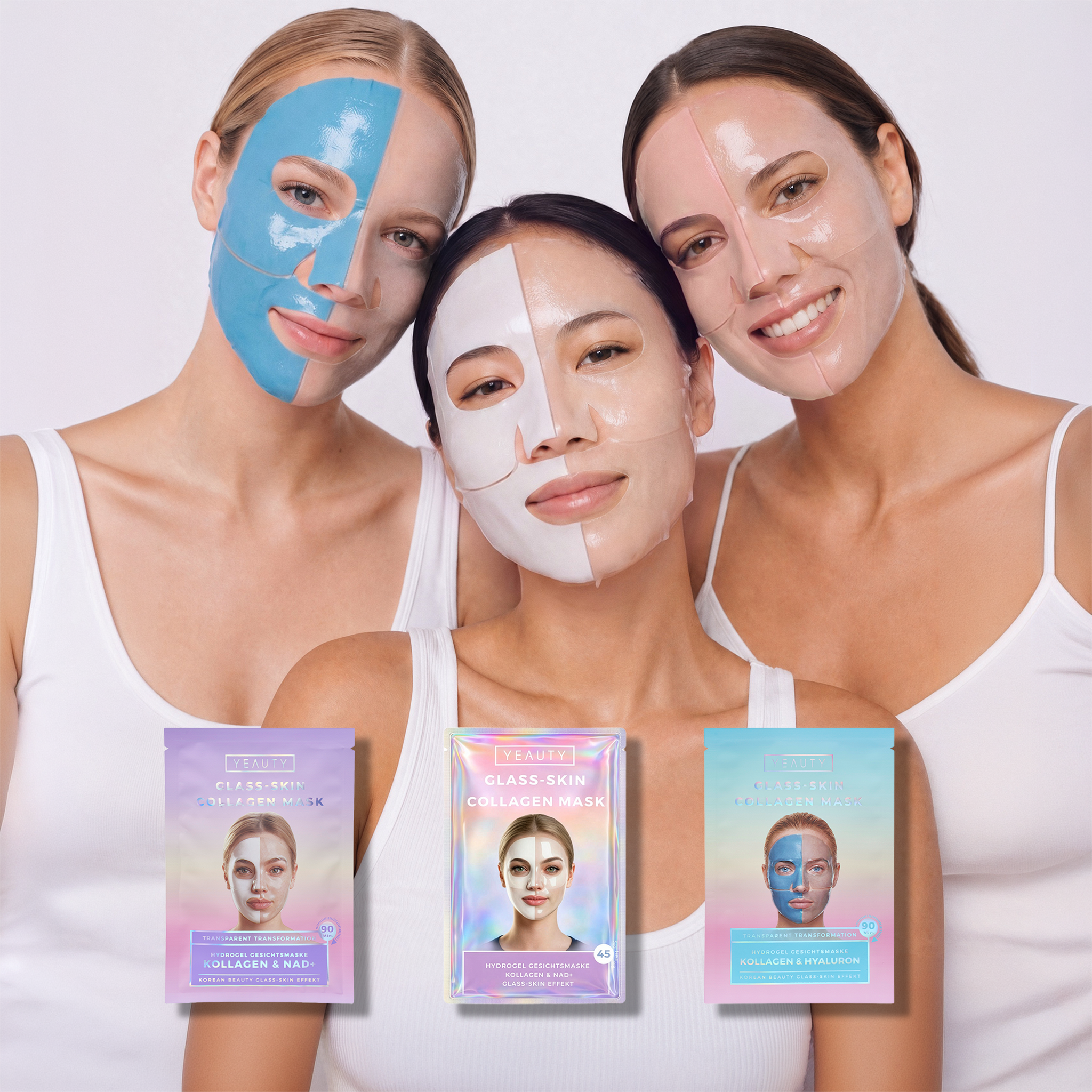 Drei Frauen mit YEAUTY Hydrogel Gesichtsmasken in weißen Tops, Drei YEAUTY Hydrogel Gesichtsmasken im Vordergrund