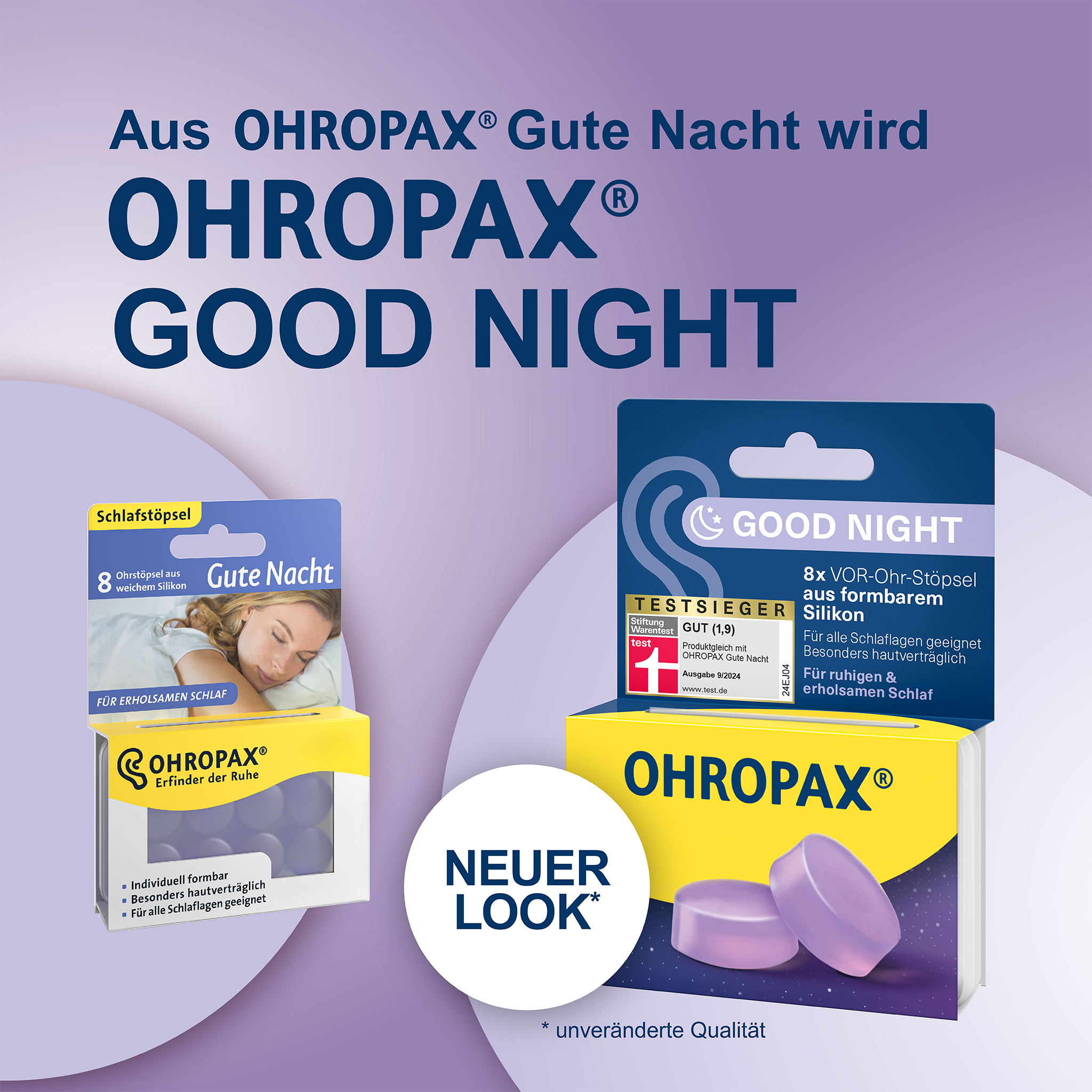 Alte und neue Verpackung von  OHROPAX Good Night Ohrstöpsel auf farbigem Hintergrund