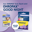 Alte und neue Verpackung von  OHROPAX Good Night Ohrstöpsel auf farbigem Hintergrund