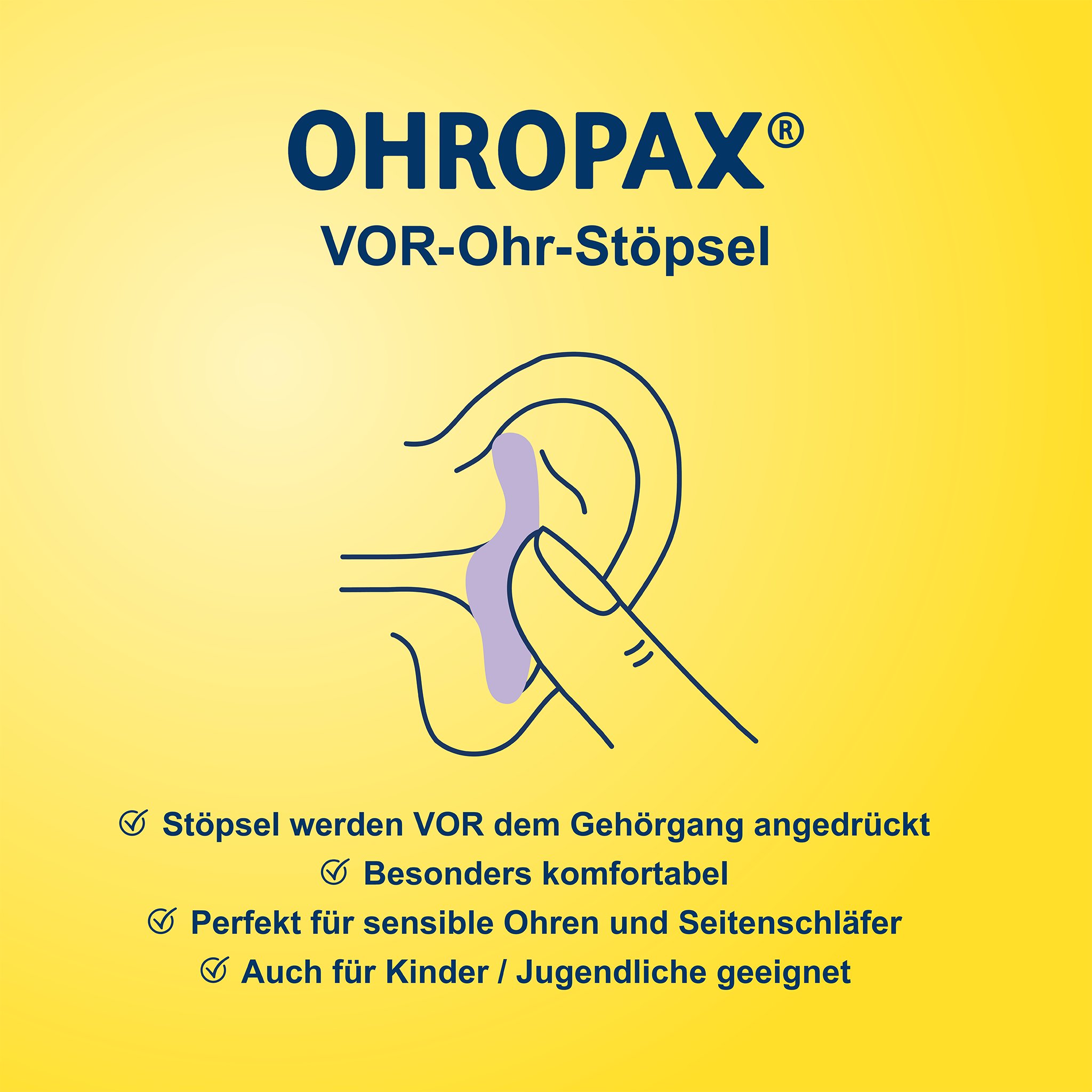 Illustrierter Finger der OHROPAX Ohrstöpsel an illustriertes Ohr drückt auf gelbem Grund