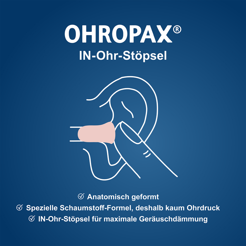 Illustration eines Ohrs und Stöpsels mit Text auf blauem Hintergrund