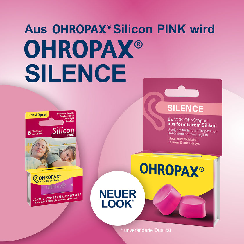 Neue und alte Verpackung von OHROPAX Silence Ohrstöpsel auf pinkem Grund und Schrift