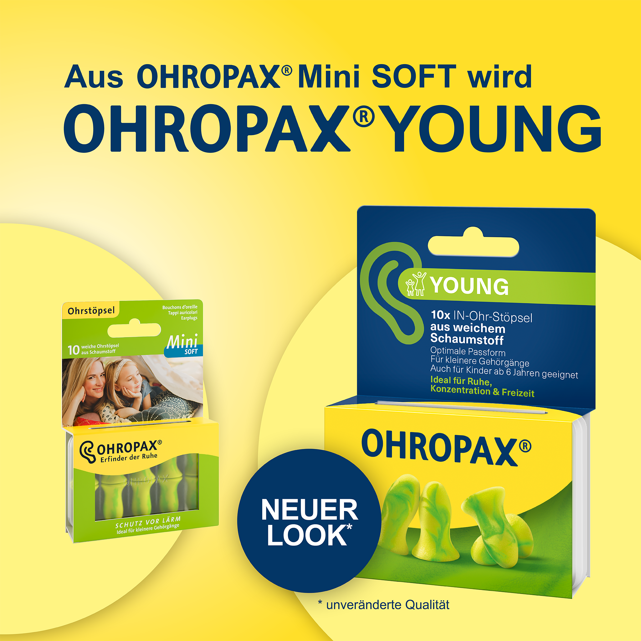 Alte und neue Verpackung von OHROPAX Young Ohrstöpsel auf gelbem Grund