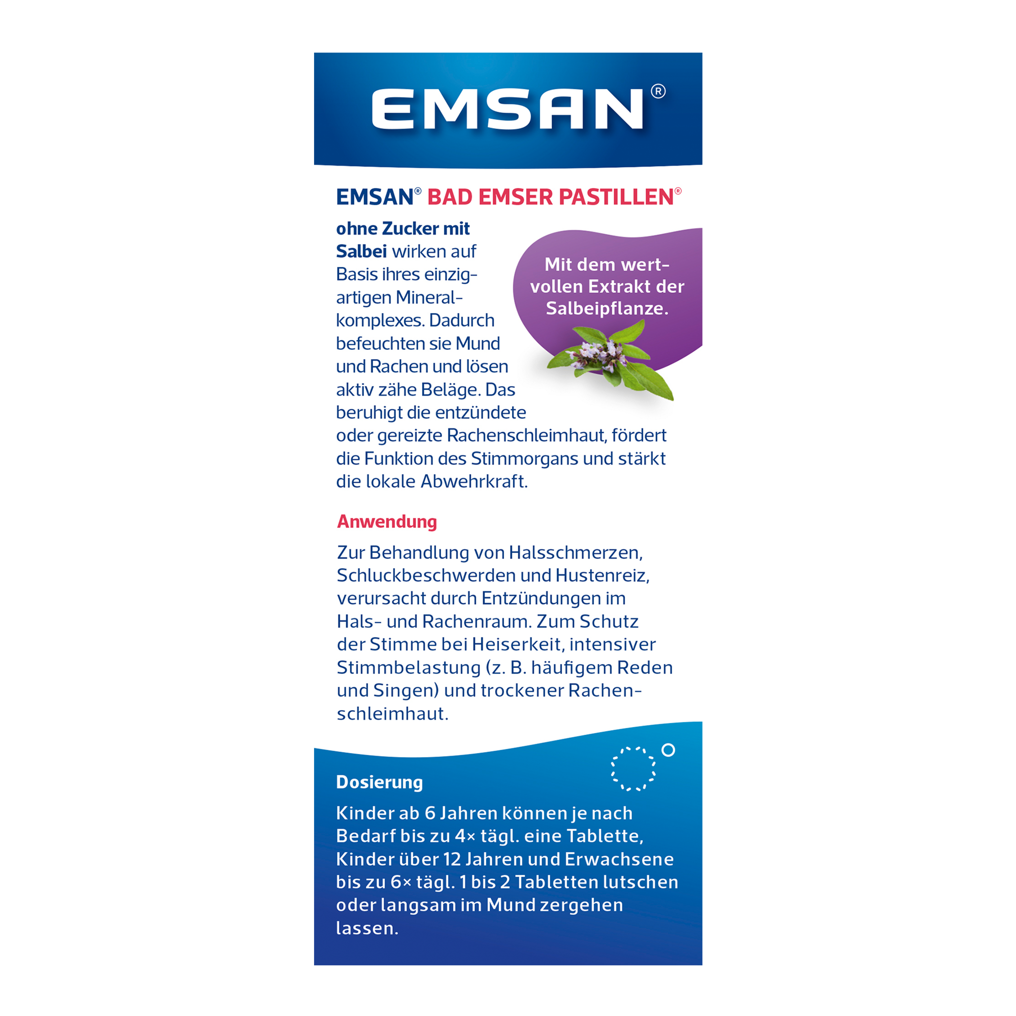Rückseite von EMSAN Bad Emser Pastillen ohne Zucker mit Salbei