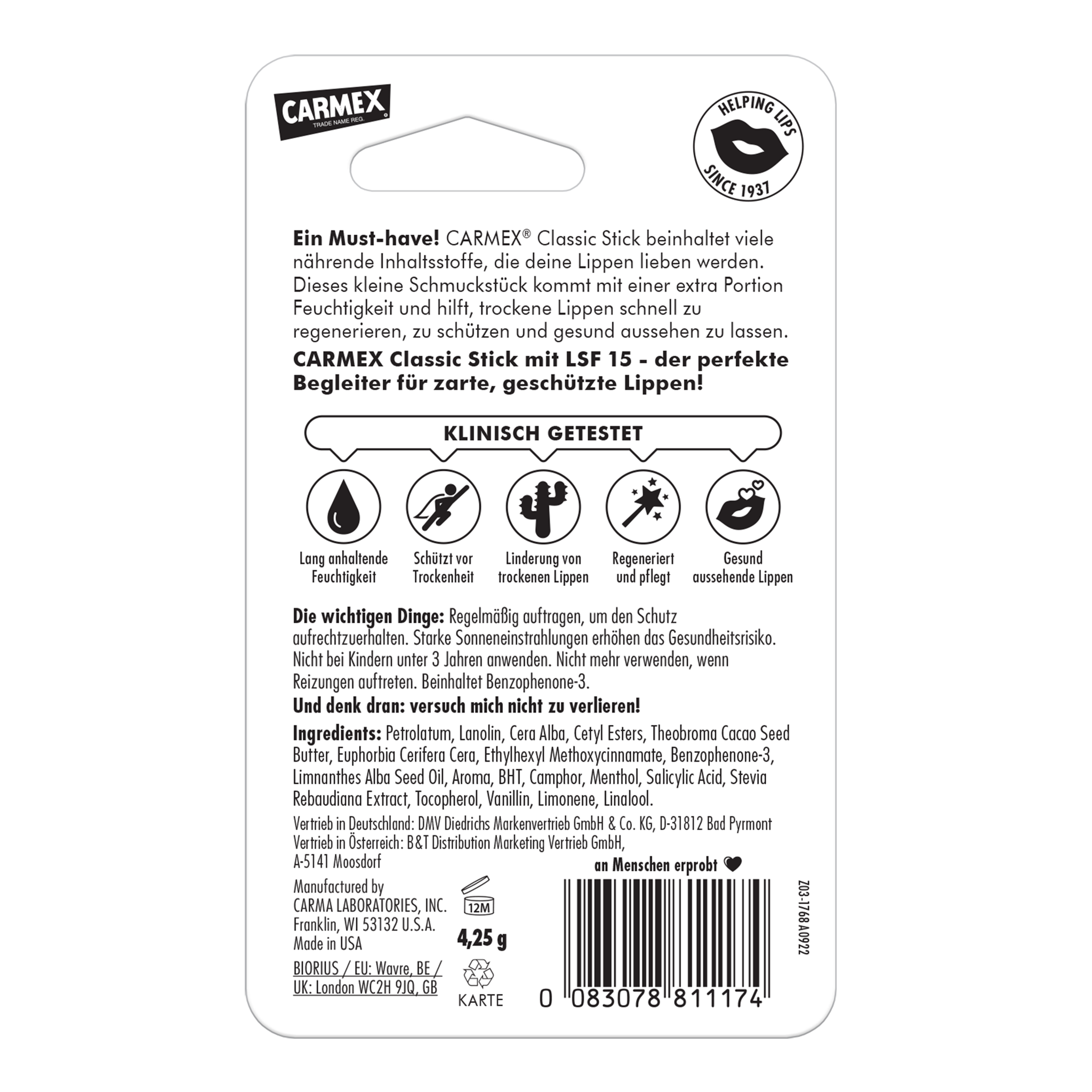 Rückseite von Carmex Classic Stick