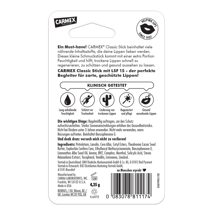 Rückseite von Carmex Classic Stick