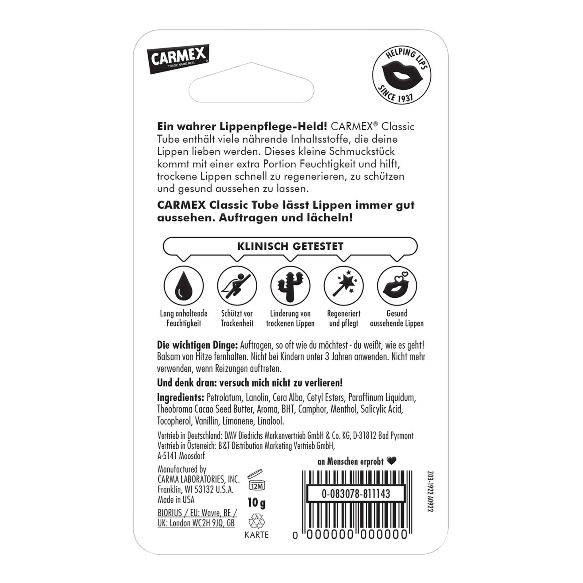 Rückseite von Carmex Classic Tube