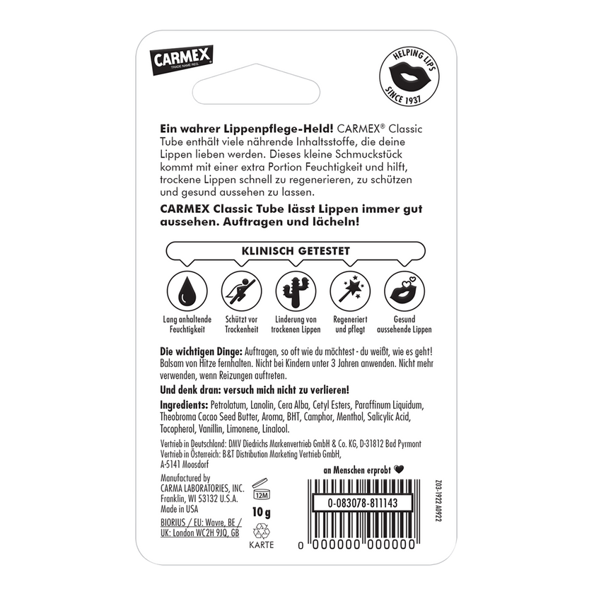 Rückseite von Carmex Classic Tube