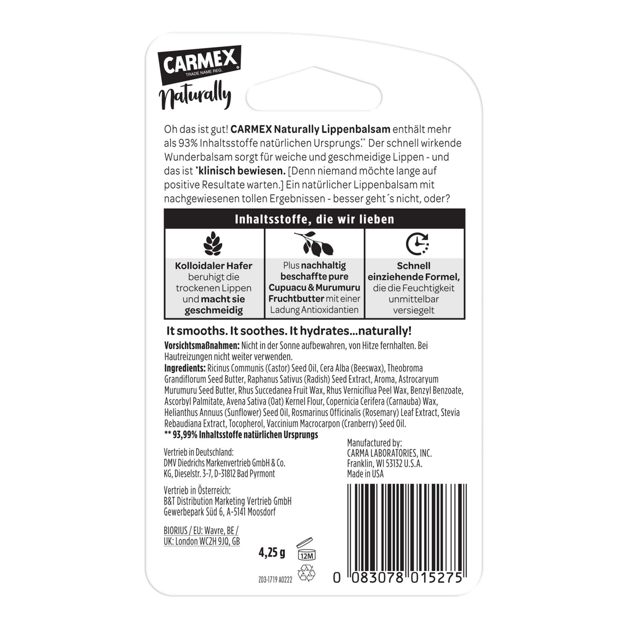 Rückseite von Carmex Naturally Stick Wassermelone