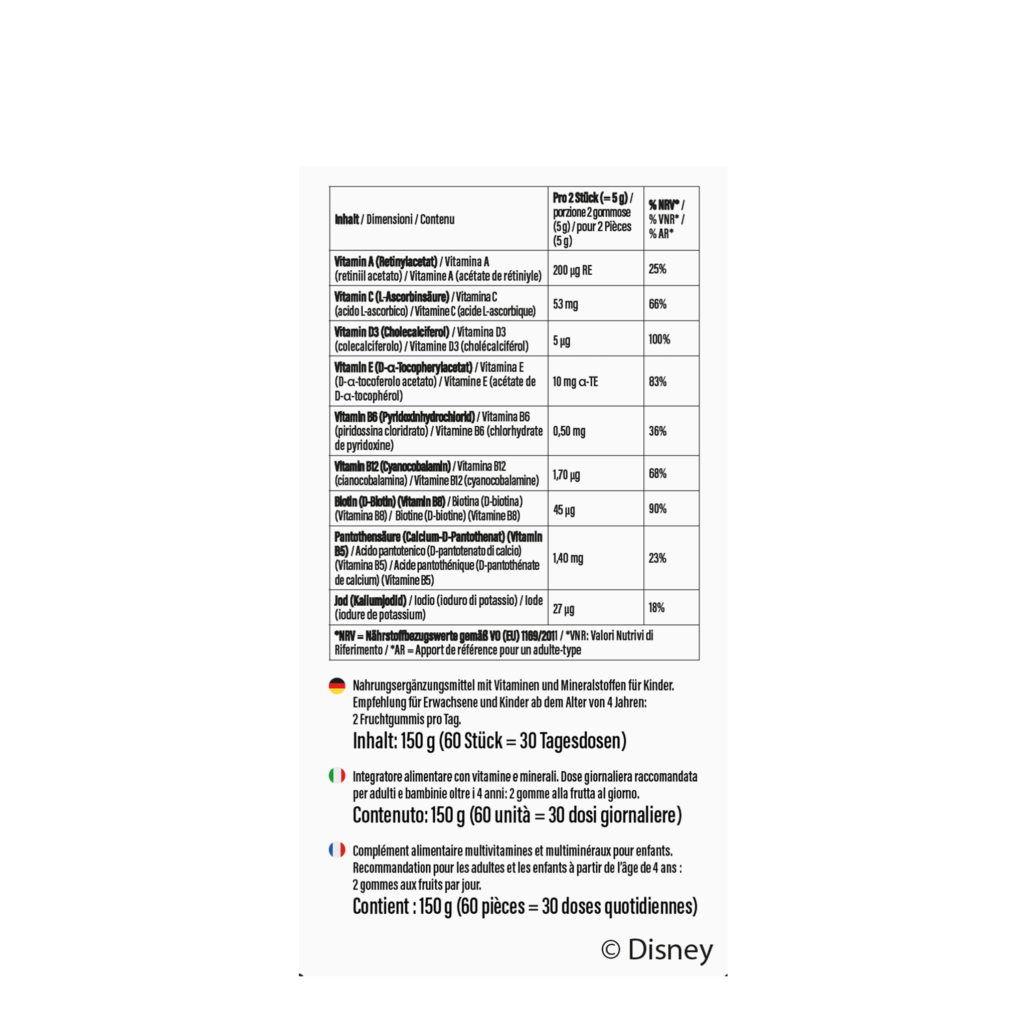 Rückseite von Disney Multivitamin-Fruchtgummis Die Eiskönigin