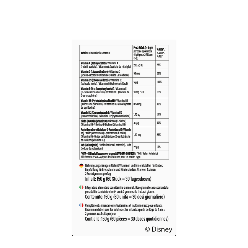 Rückseite von Disney Multivitamin-Fruchtgummis Die Eiskönigin