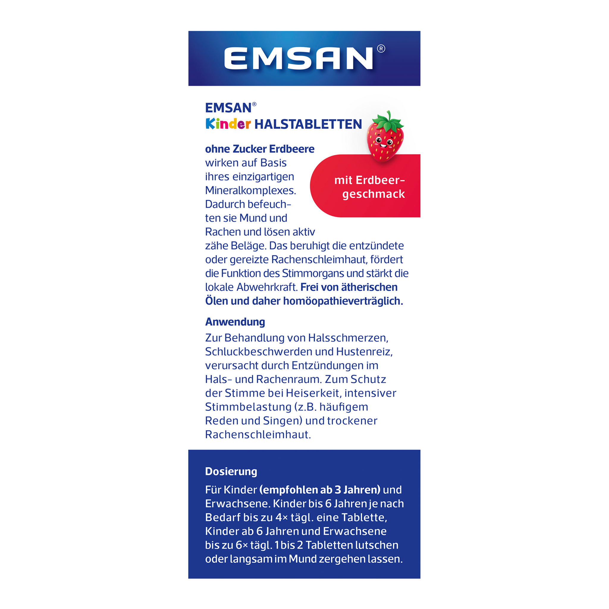 Rückseite von EMSAN Kinderhalstabletten ohne Zucker Erdbeere